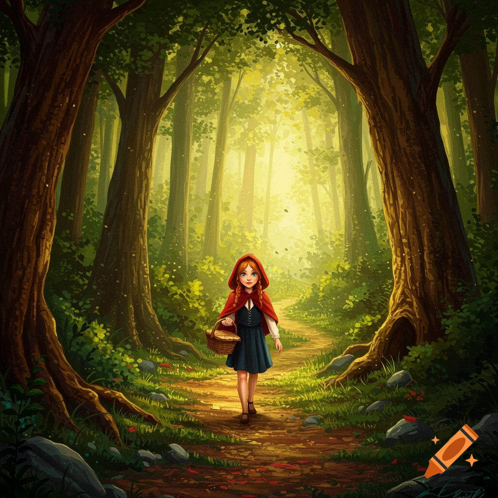 A girl in a red hood walks on a path through a sunlit forest.