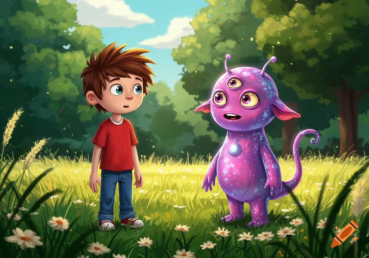 Cartoon boy and purple alien stand in a grassy field with trees.