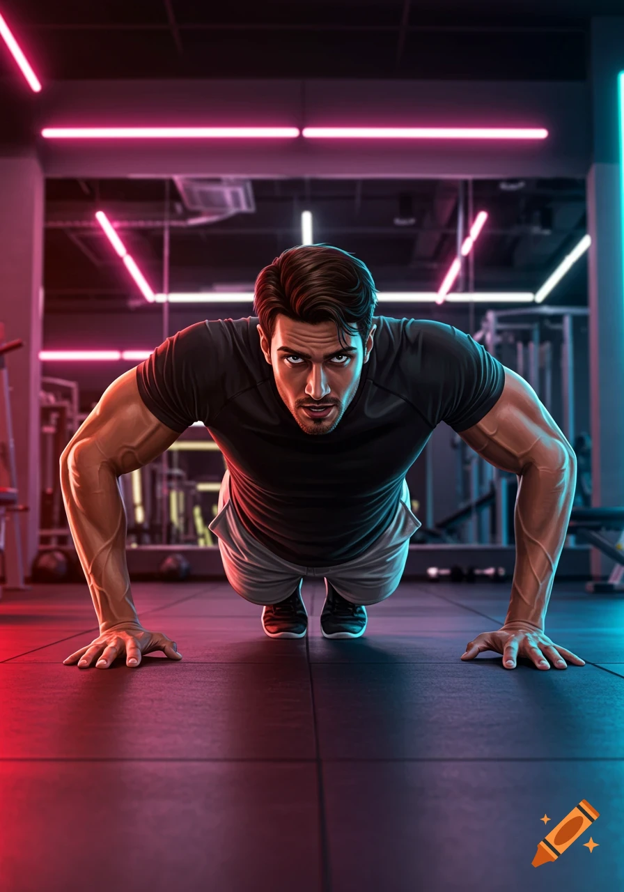 Muscular man doing a push-up in a gym with neon lights