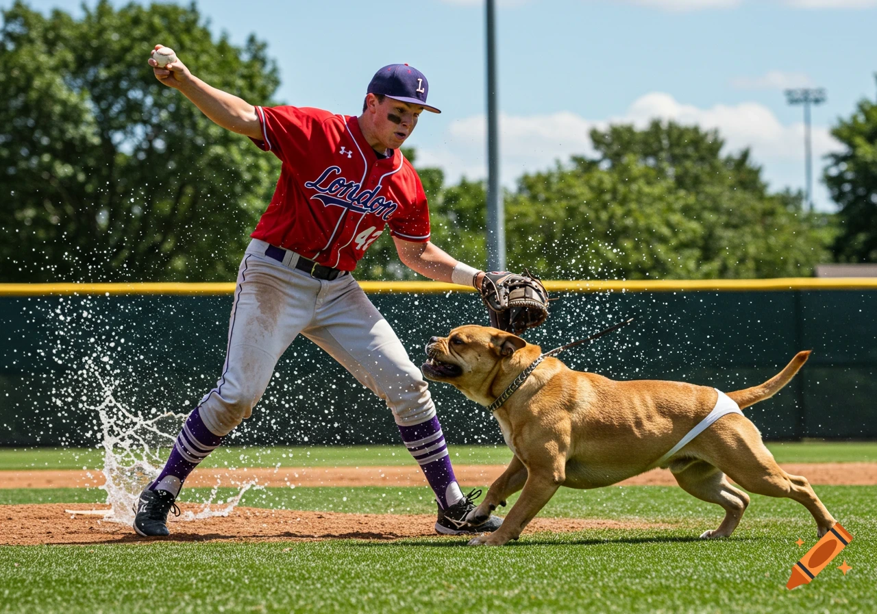 Baseball player throwing ball as a dog runs by, splashing water on Craiyon