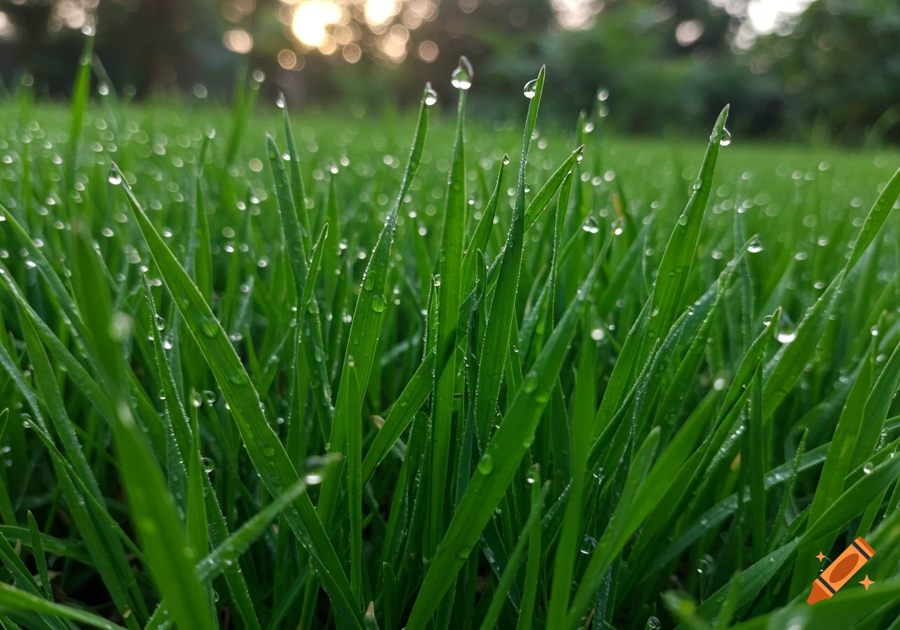 Close-up of green grass blades covered in dew drops