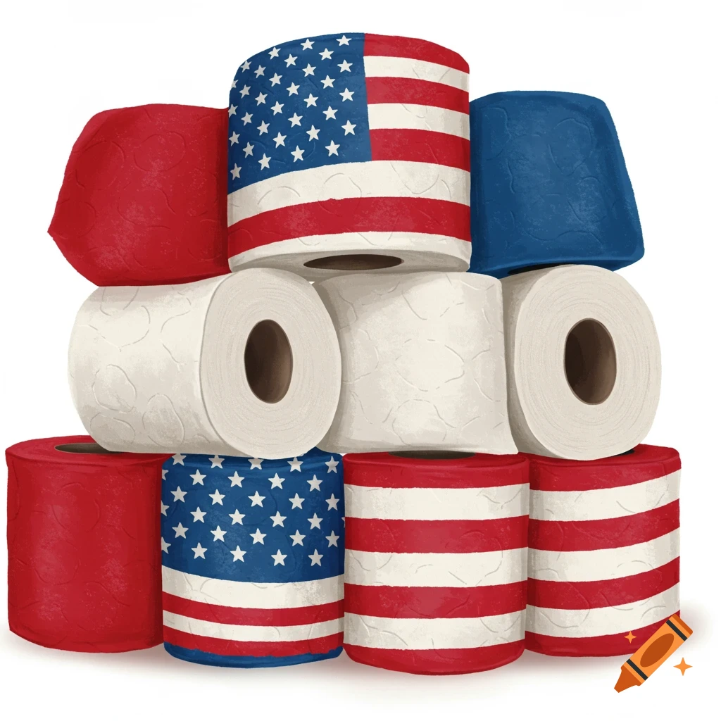 A stack of toilet paper rolls decorated with American flag stars and stripes, red, white, and blue patterns.