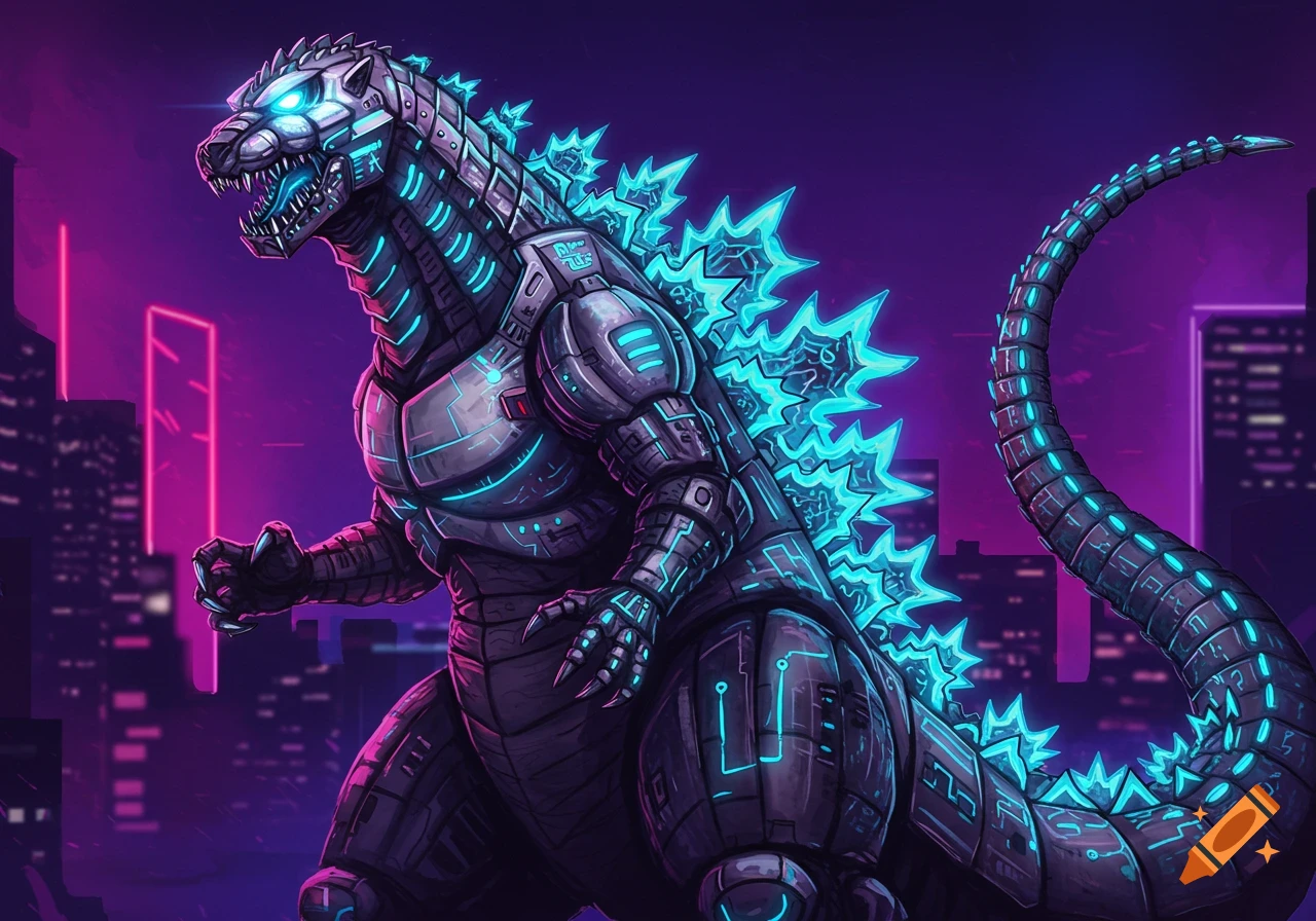 A robotic Godzilla stands in a neon-lit cyberpunk city. The monster has glowing blue accents on its metallic body.