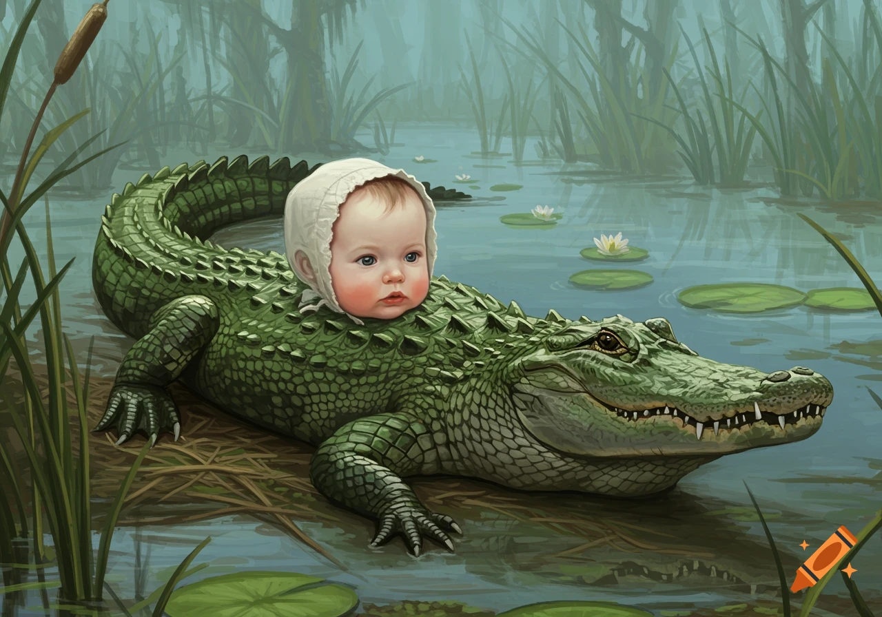 Painting of a baby's head attached to an alligator body in a swamp with lily pads.