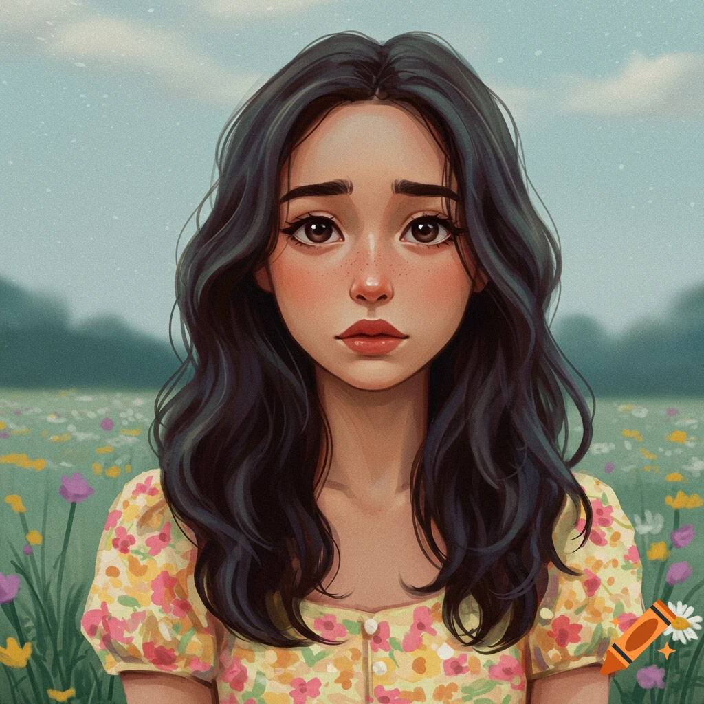 A stylized portrait illustration of a young woman with dark wavy hair ...