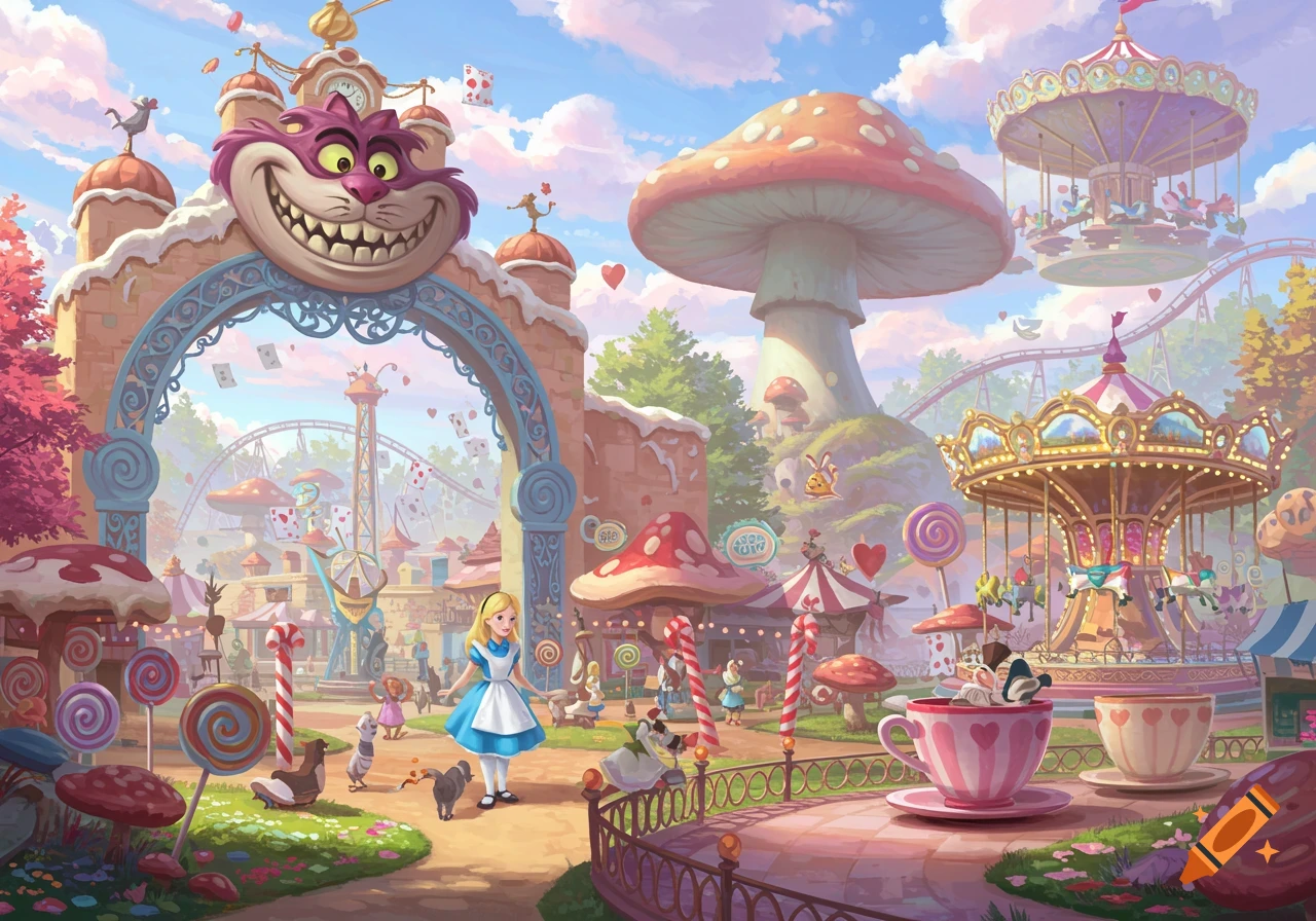 An Alice in Wonderland theme park with rides, mushrooms, and characters.
