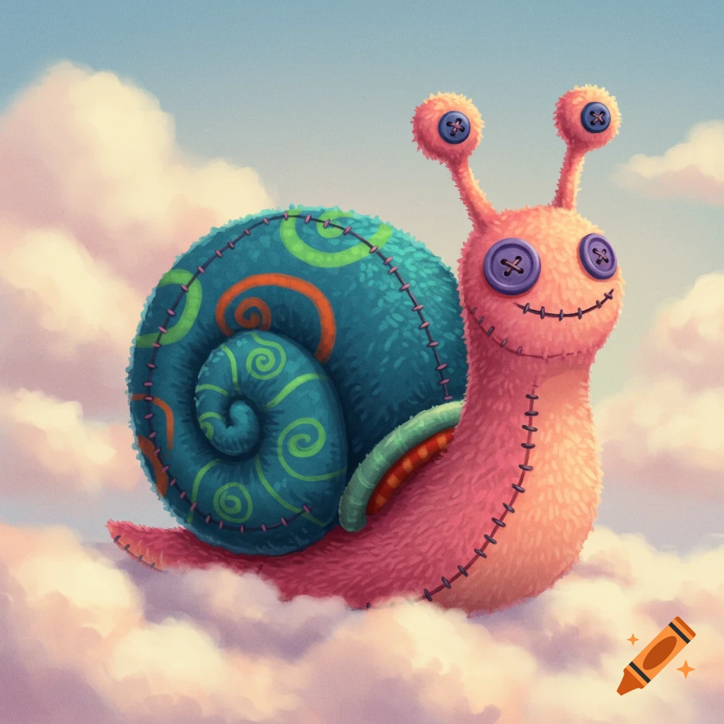 A pink stuffed snail with button eyes and a patterned blue shell floats on clouds.