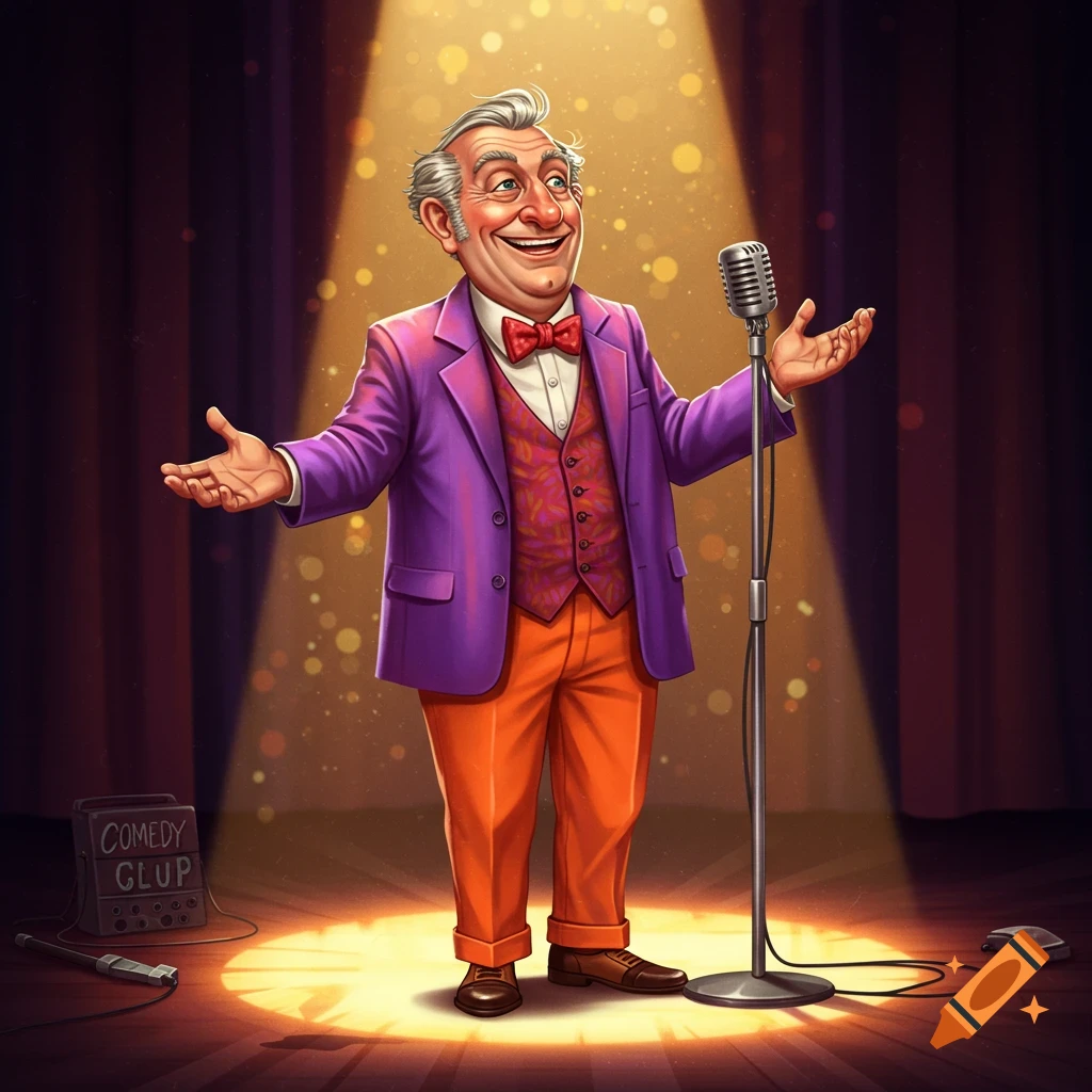 An elderly comedian stands on stage under a spotlight, gesturing with open hands.