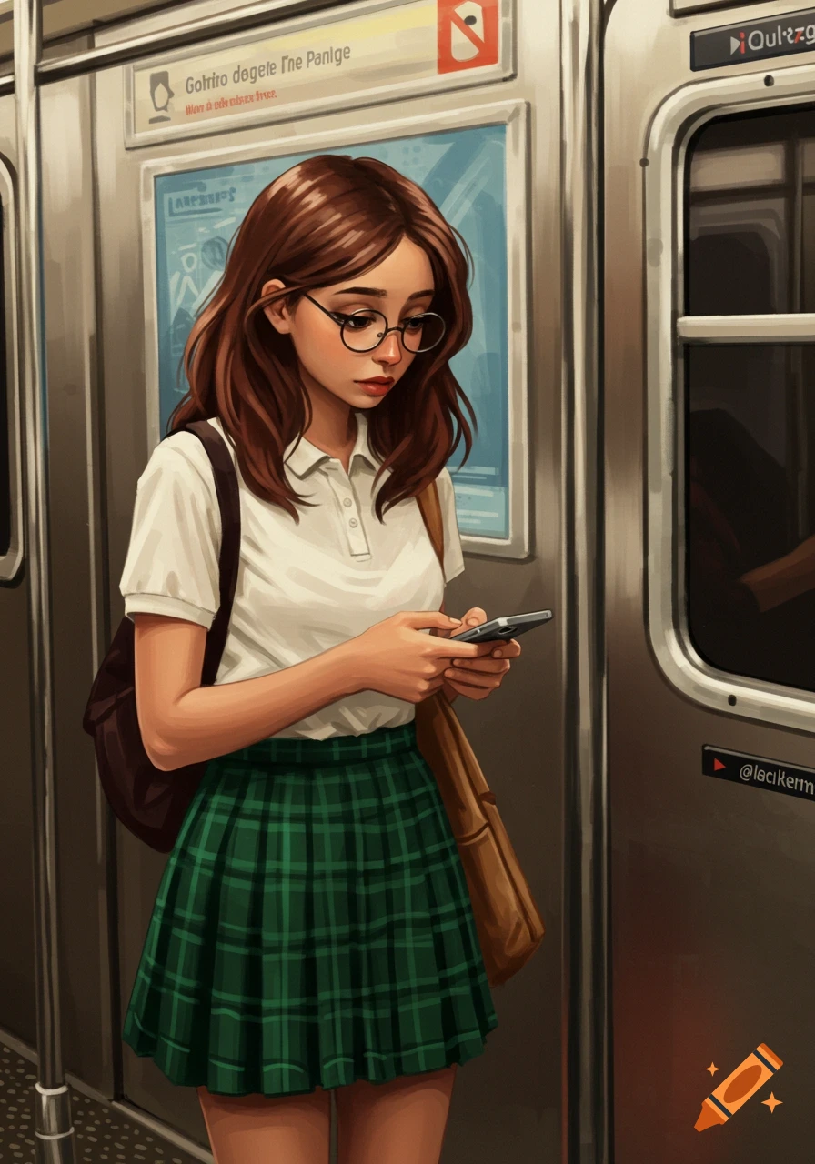 Illustration of a girl with brown hair and glasses looking at her phone on a subway train. She wears a white polo and a green plaid skirt.