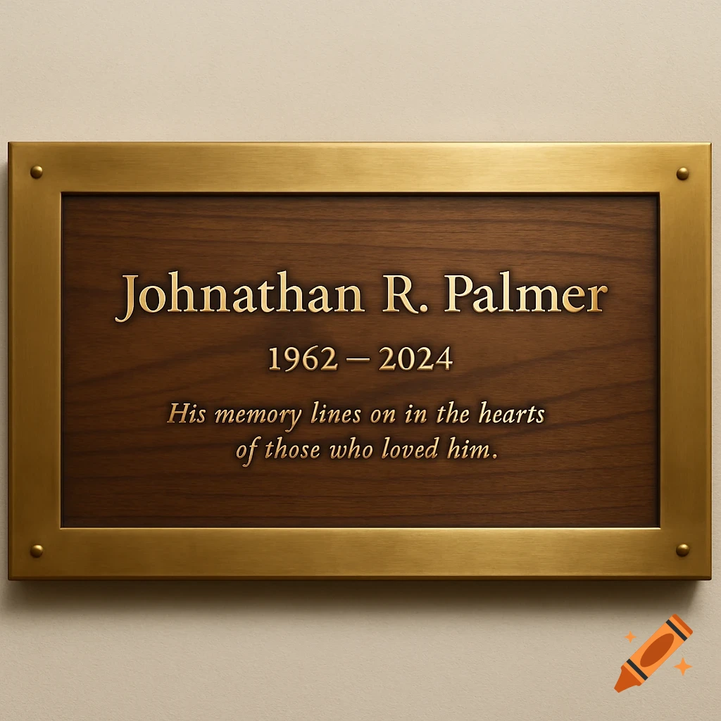 A brass and wood memorial plaque with engraved text.