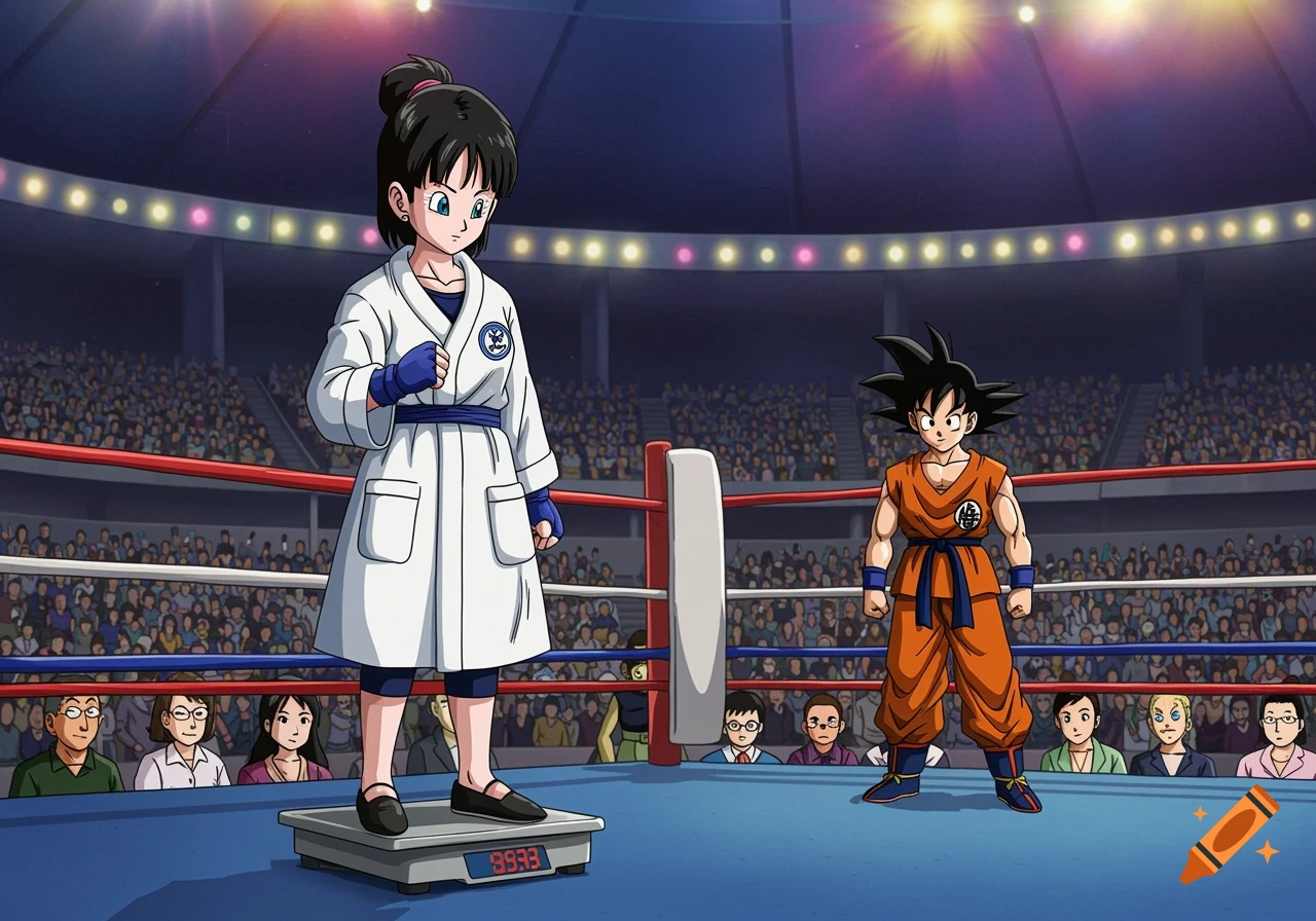 Anime characters Videl and Goku in a boxing ring, Videl on a scale before a match.