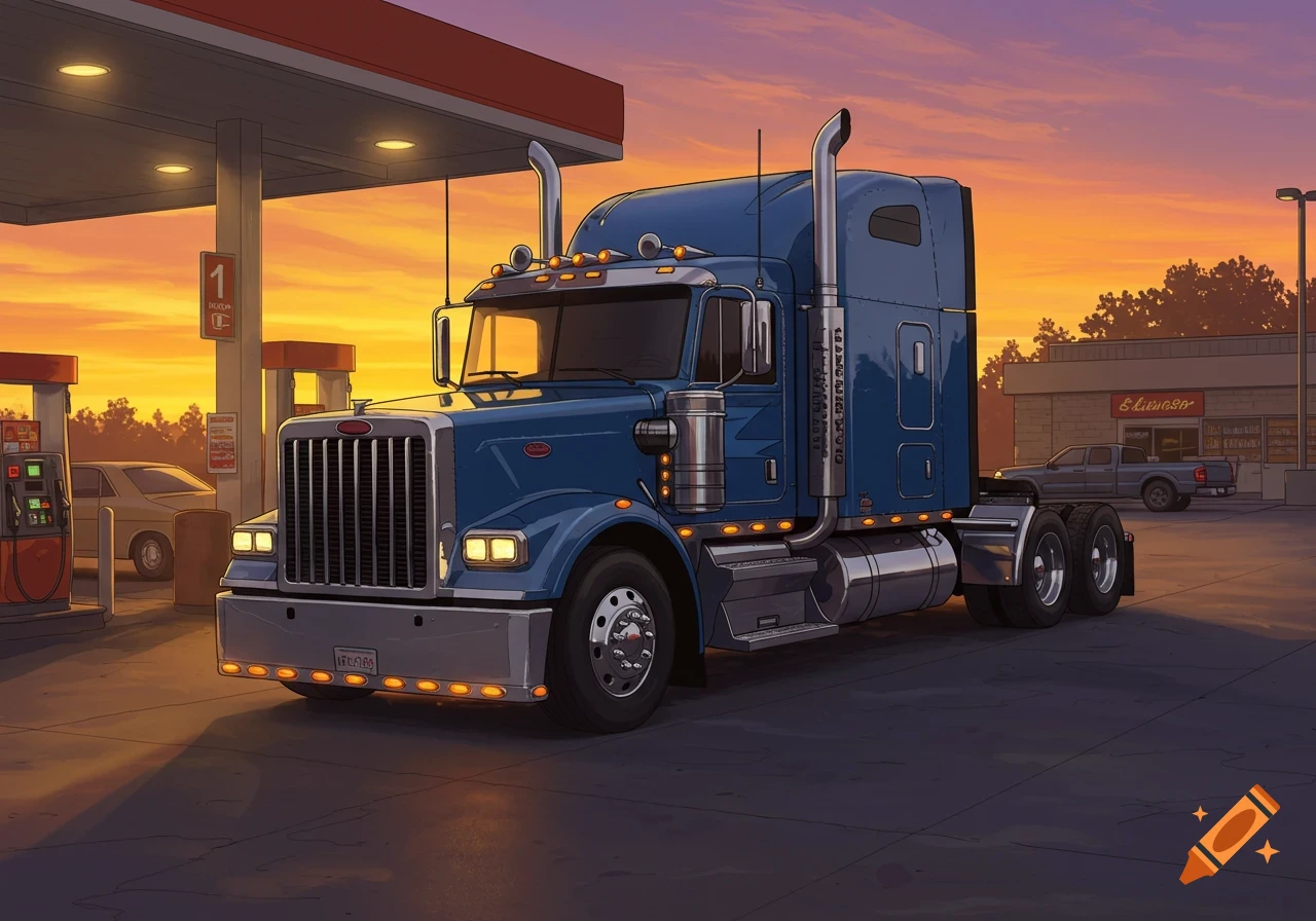 A blue semi-truck is parked at a gas station during sunset in an illustrated style.
