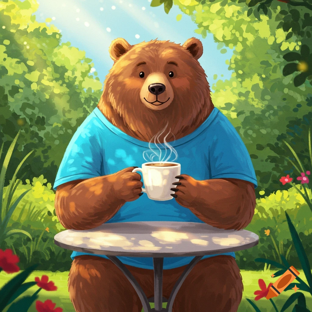 Cartoon bear wearing a blue t-shirt sitting at a table drinking coffee in a sunny garden.