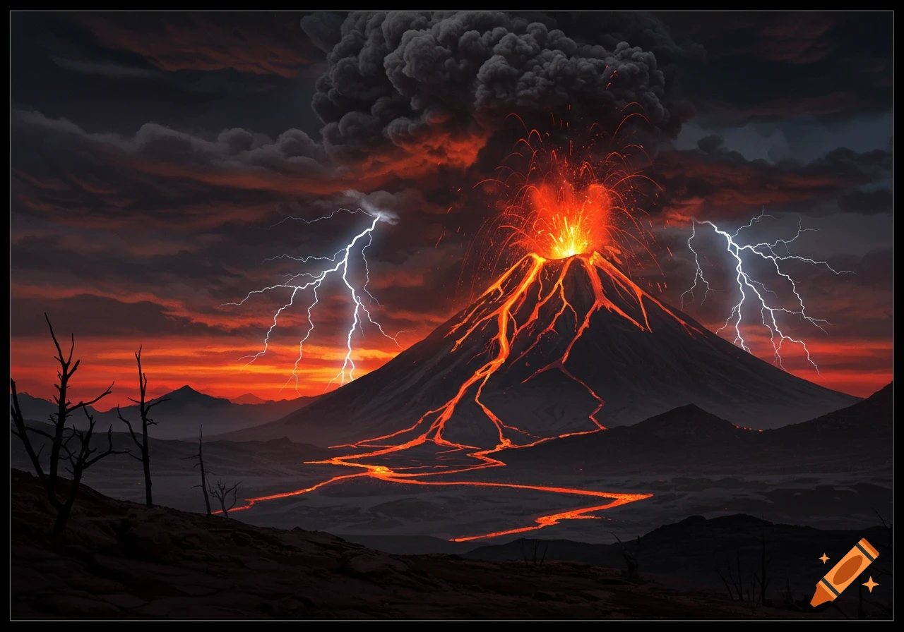 Volcano erupting under a stormy sky with lightning and flowing lava.