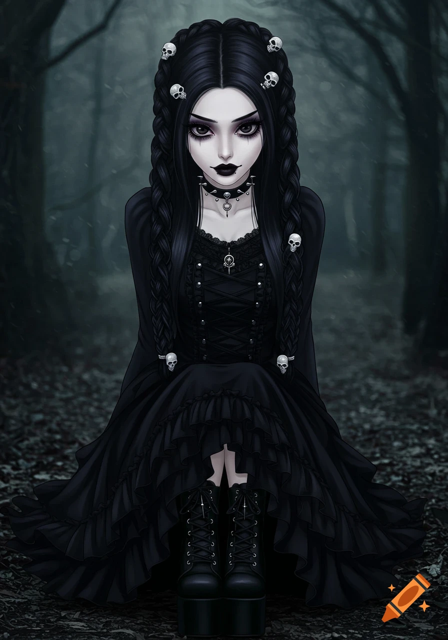 Anime goth girl with braided hair and skull accessories sits in a dark forest.