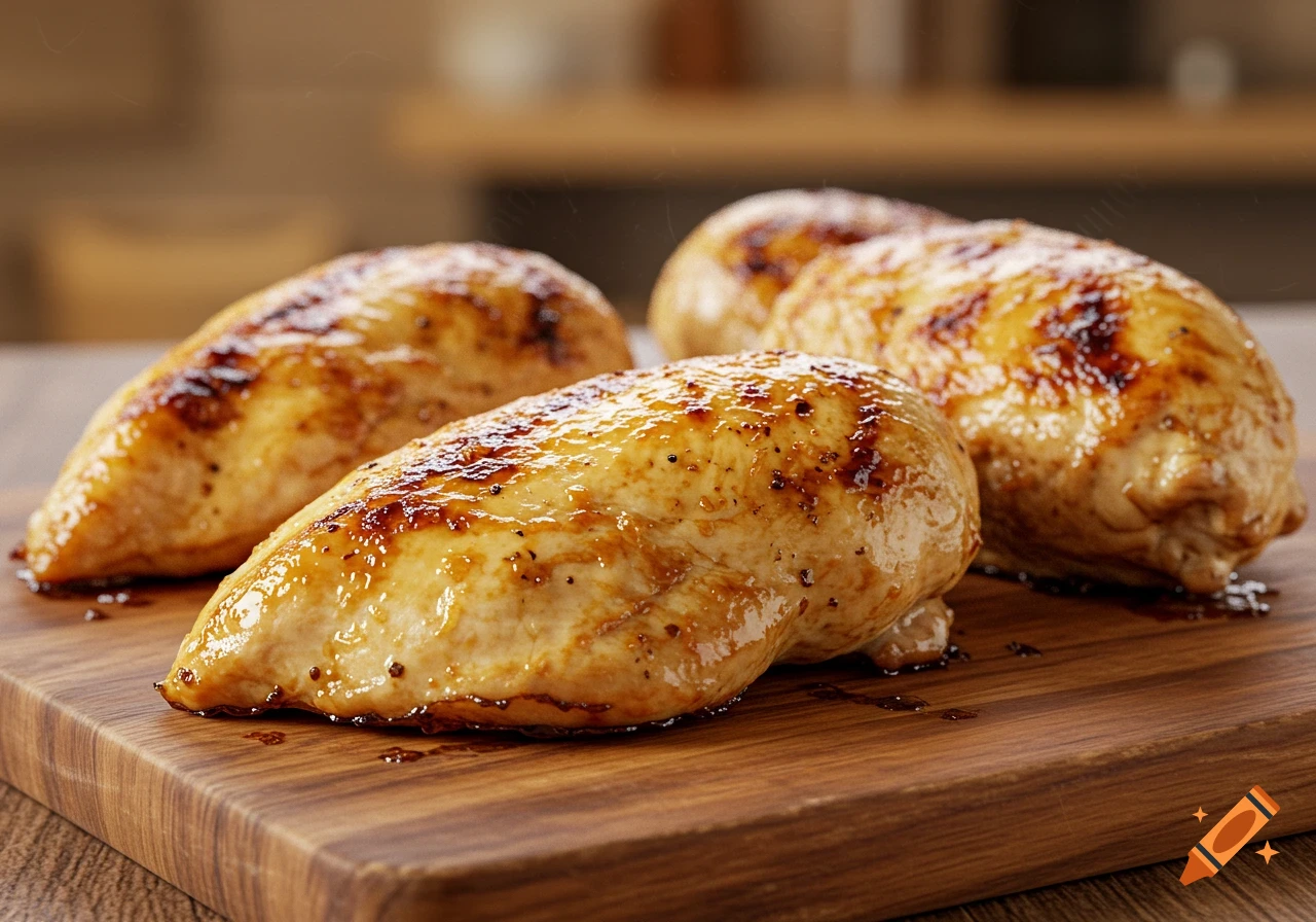 Oven-roasted chicken breasts on a wooden cutting board.