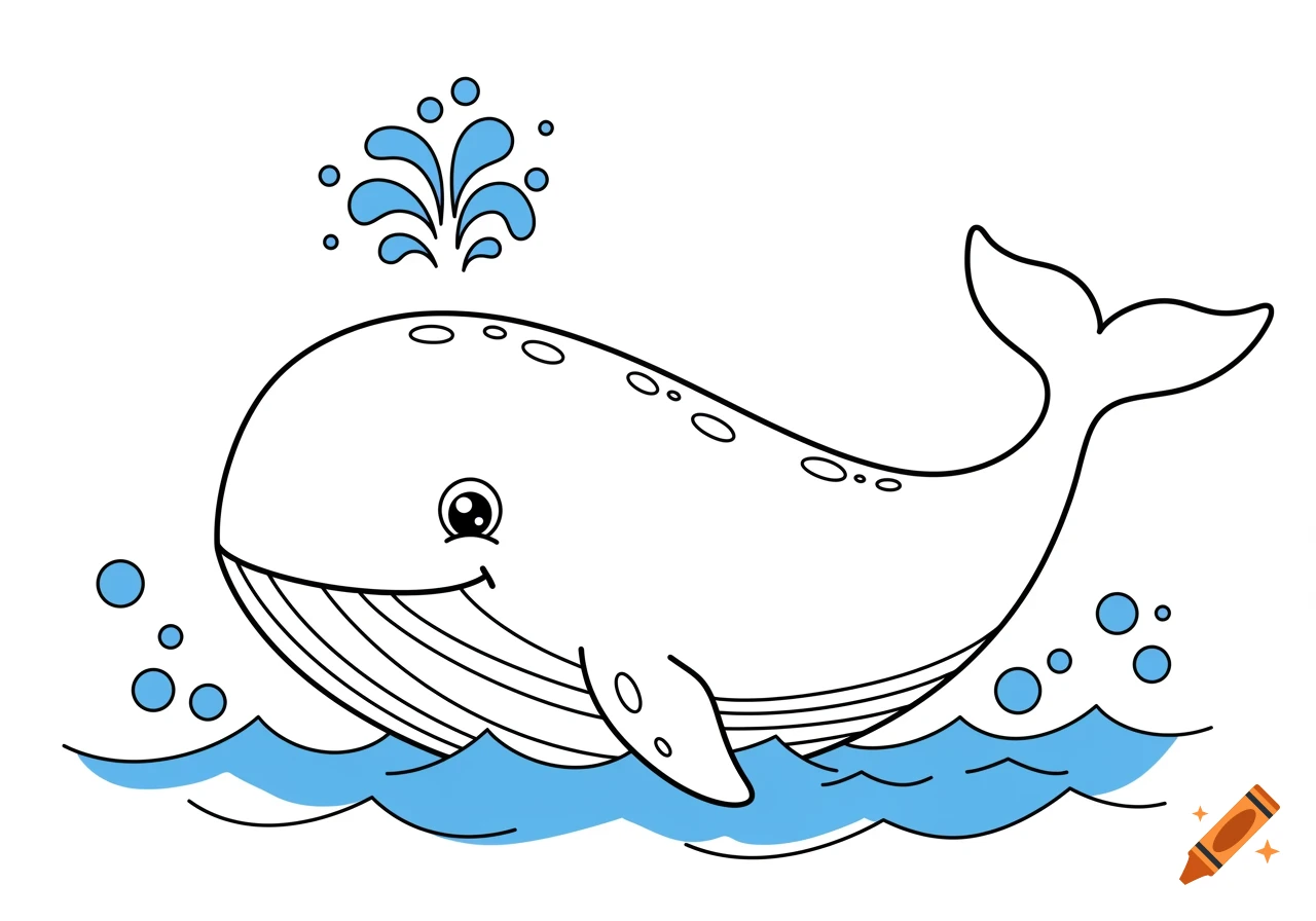 Cartoon line art of a smiling whale spouting water and swimming in waves.