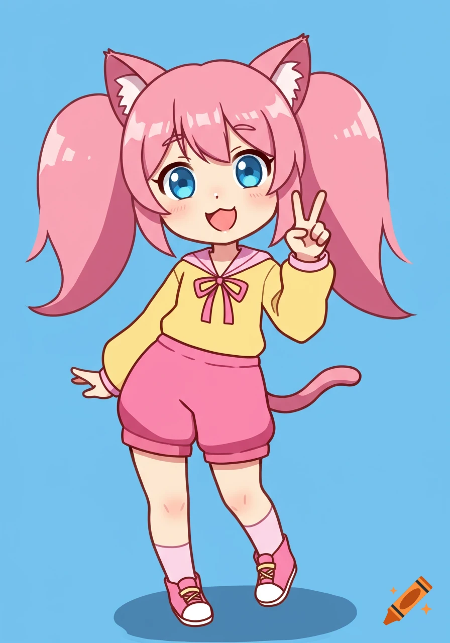 Cartoon anime girl with pink pigtails, cat ears, and tail, making a peace sign