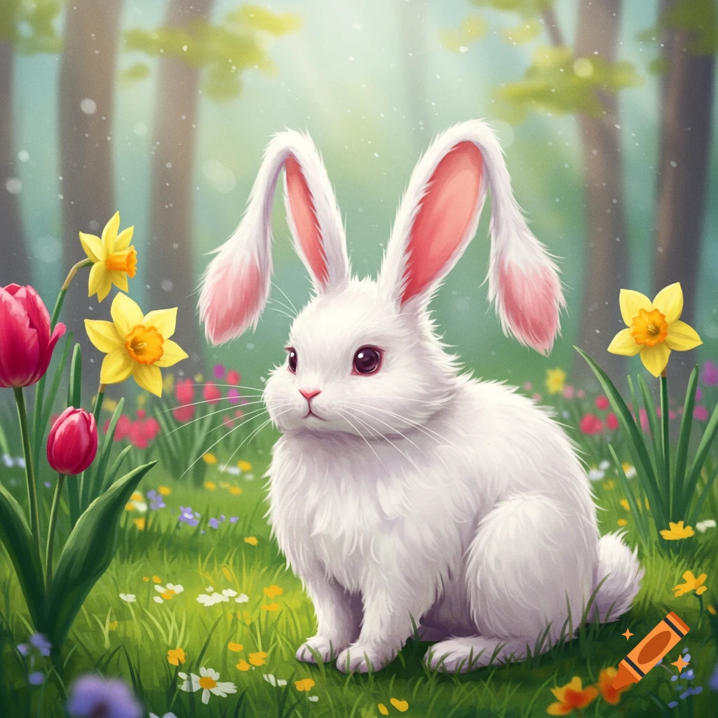White bunny sitting among colorful spring flowers in a forest clearing, illustration