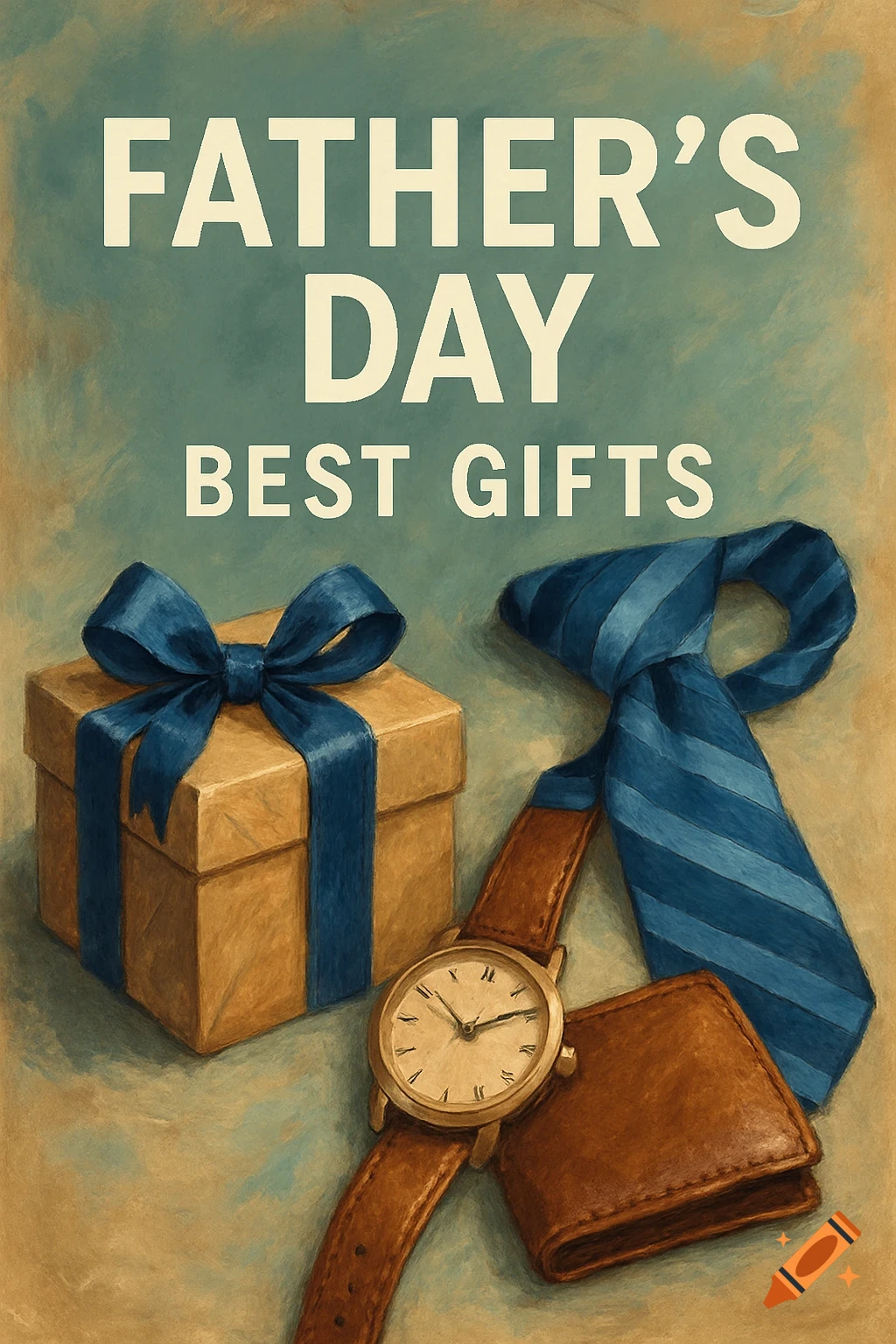 Illustration of Father's Day gifts including a tie, watch, wallet, and gift box, with text 'Father's Day Best Gifts'