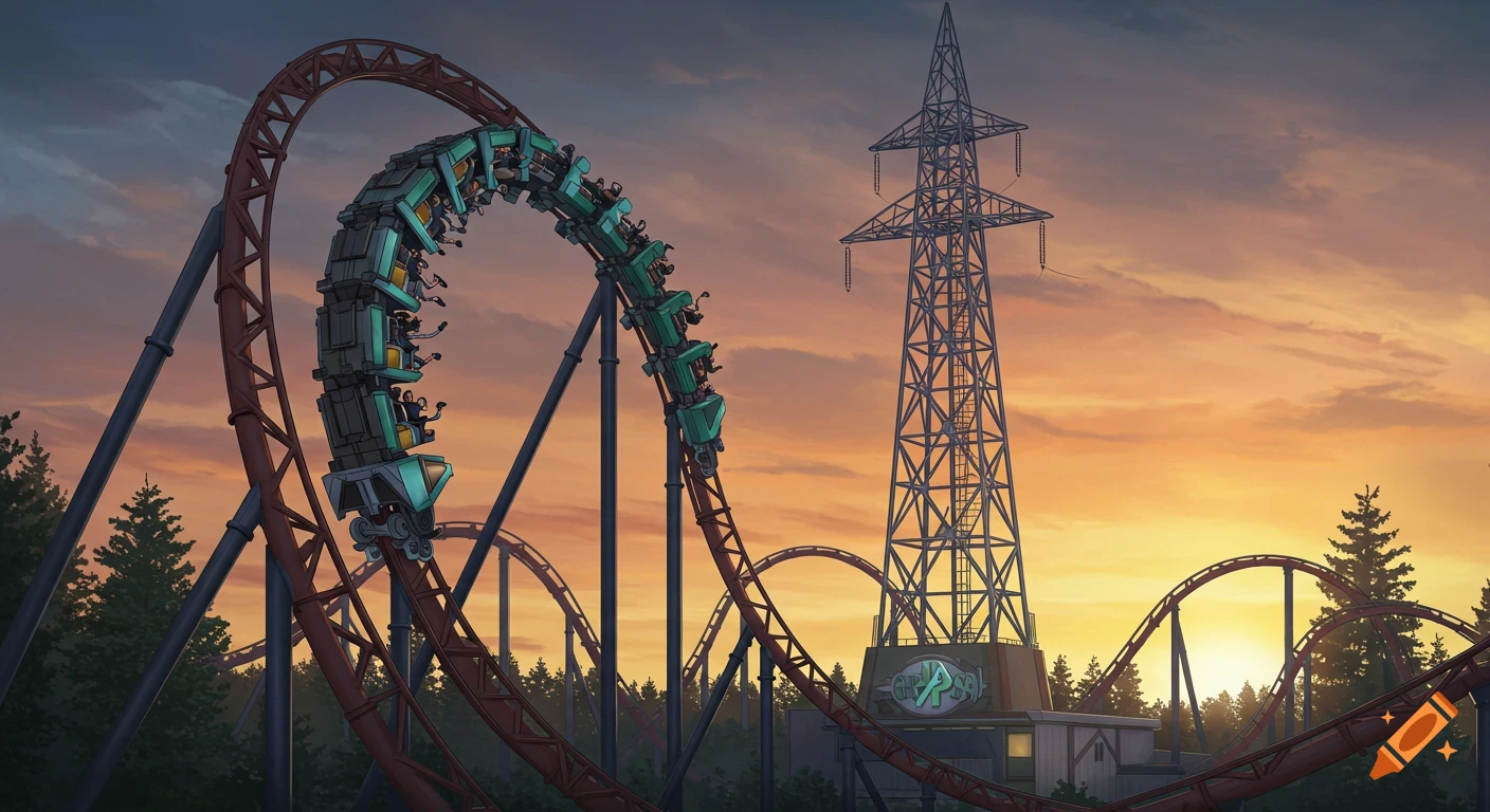Roller coaster train on a loop next to an electric tower at sunset