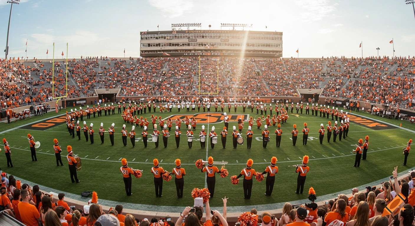 Marching band performing on a football field in a crowded stadium