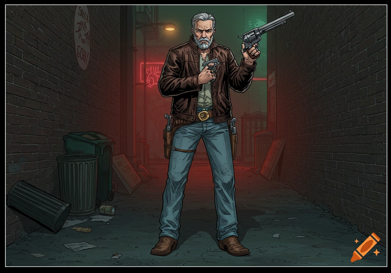 Man with guns in alley, comic book style