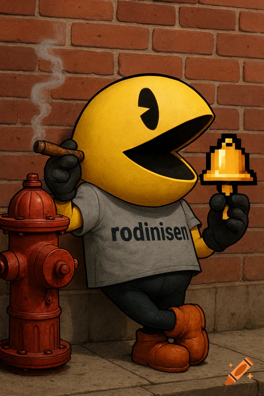 Pac-Man wearing a t-shirt leans against a fire hydrant, holding a cigar and a pixelated bell.