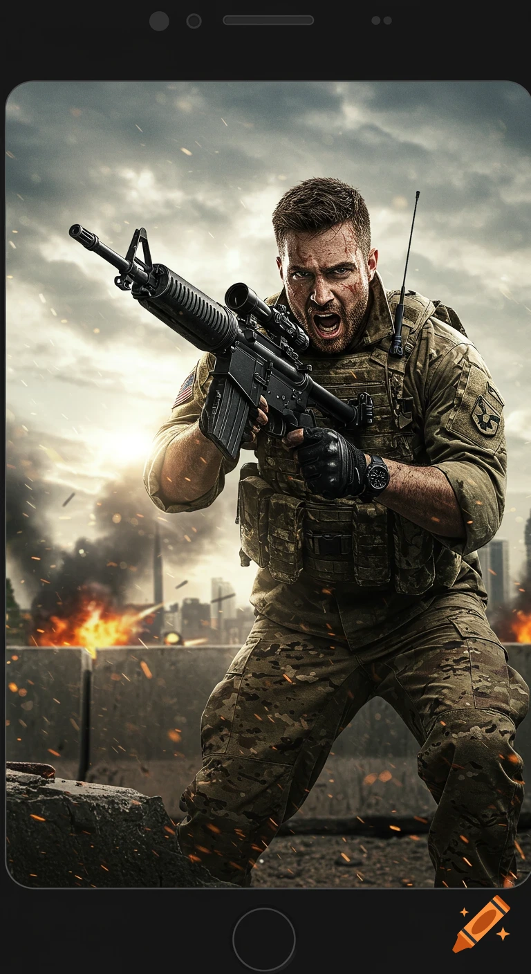 A determined soldier in camouflage gear and tactical vest yells while holding a rifle during a battle in a war-torn city.