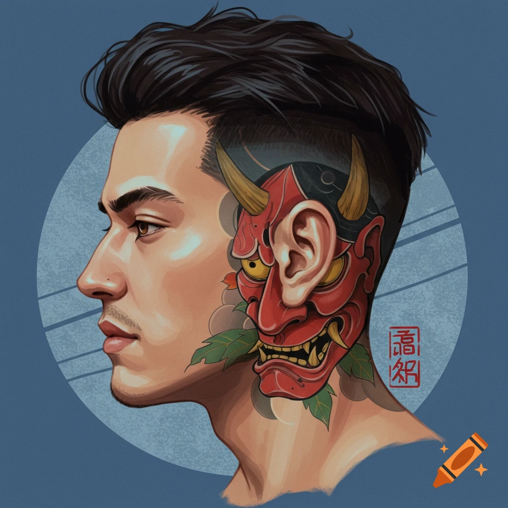 Stylized illustration of a man in profile with a Hannya mask tattoo behind his ear and a red seal.