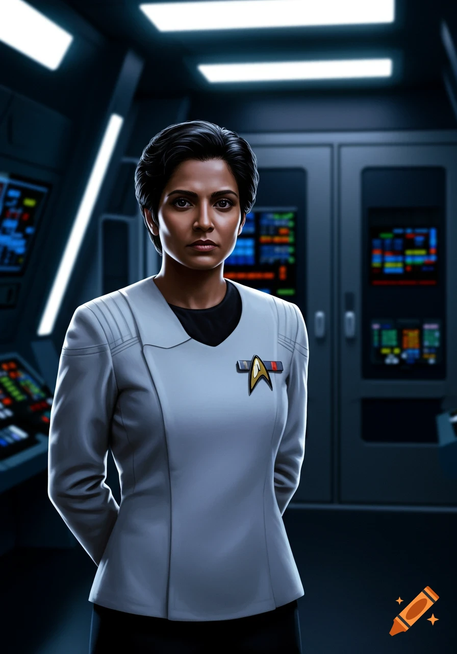 Woman in a Starfleet uniform on a spaceship bridge