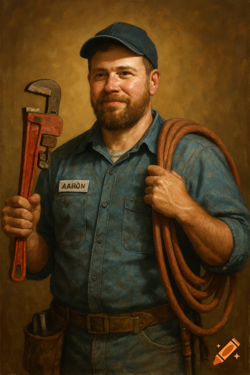 Portrait of a bearded plumber holding a wrench and hose in a painterly style.
