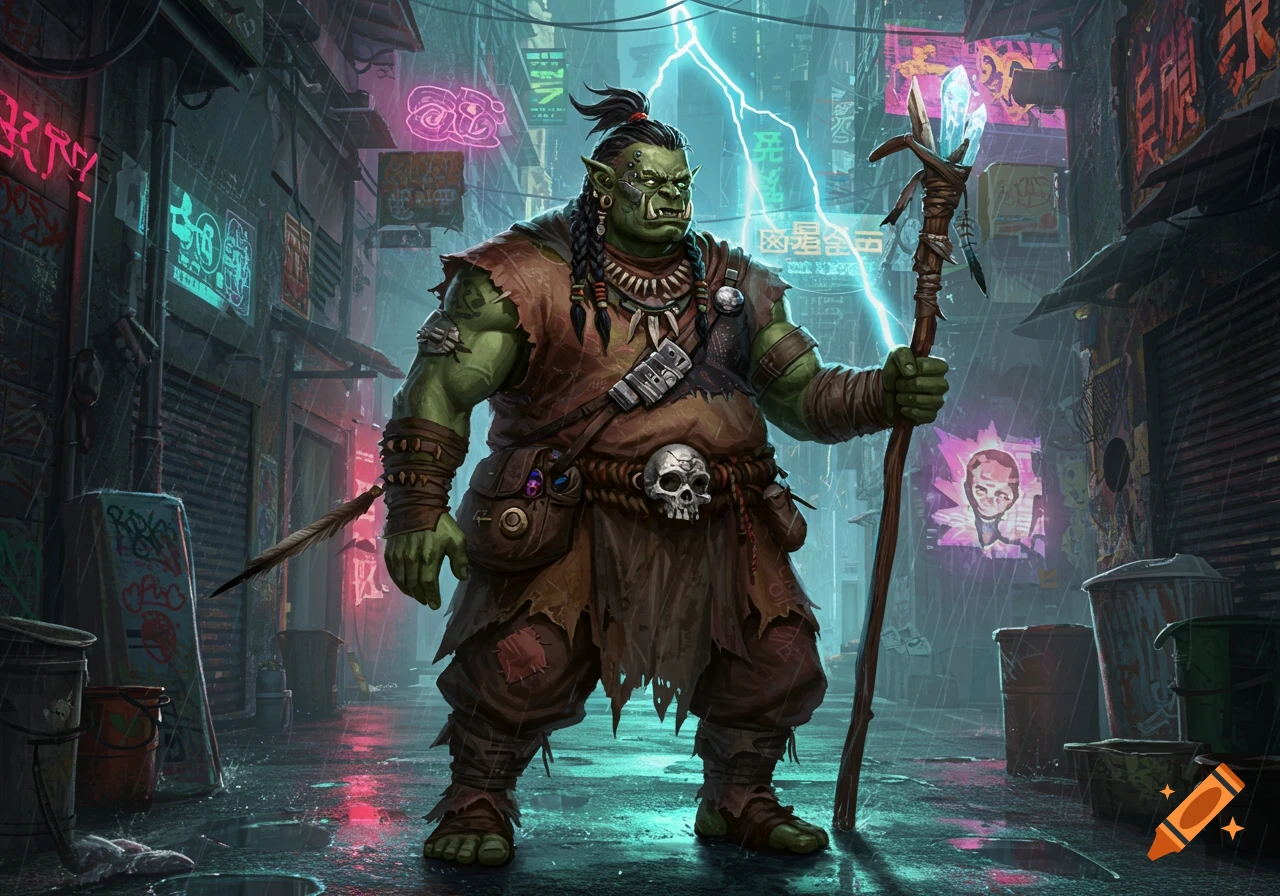 An overweight Half-Orc shaman stands in a rainy cyberpunk alley during a lightning storm, holding a staff.