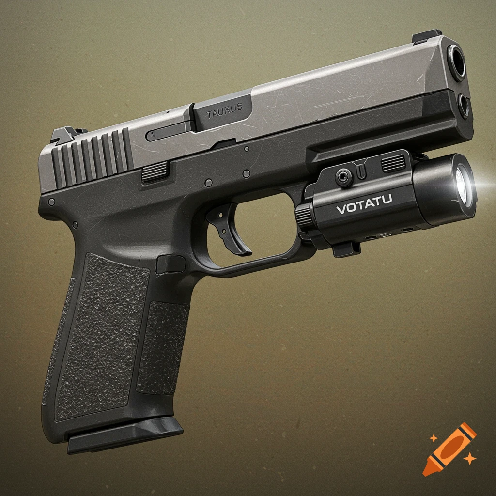 Close-up view of a Taurus G2C handgun with a Votatu HT20 pistol light attachment.