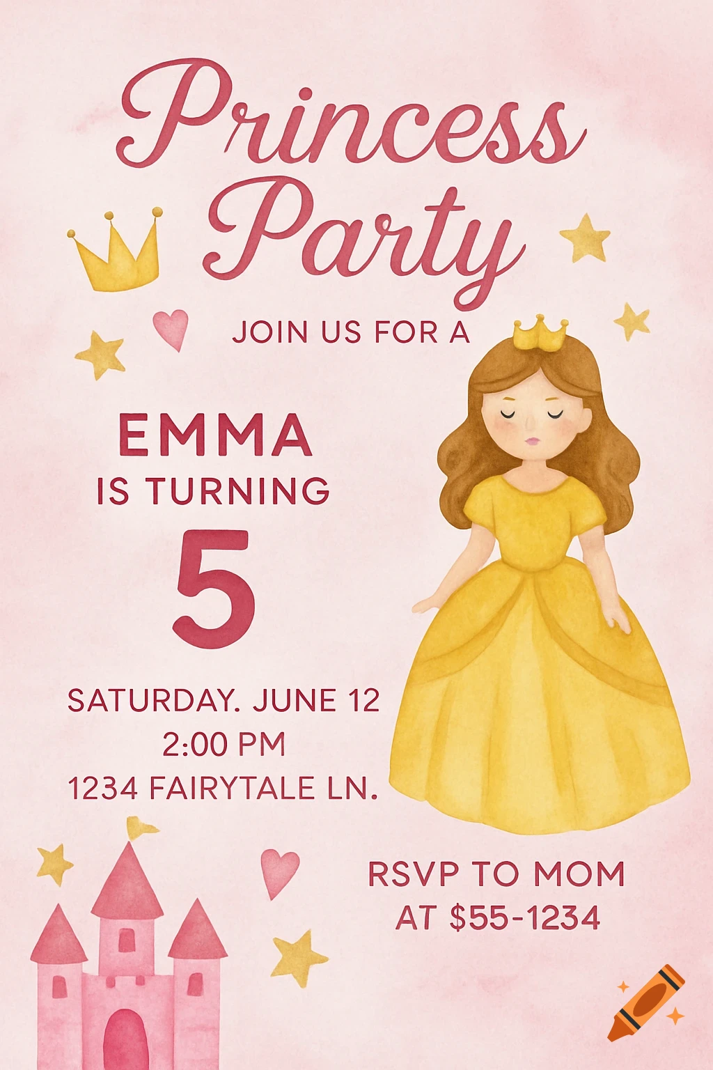 Watercolor princess birthday invitation with a princess, castle, and party details.