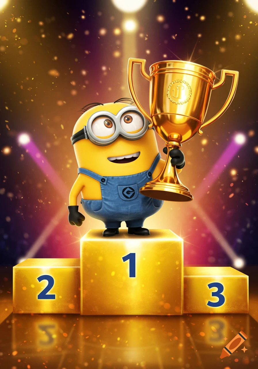A cartoon Minion stands on the number one spot of a gold podium holding a gold trophy. Confetti falls around them under bright lights.