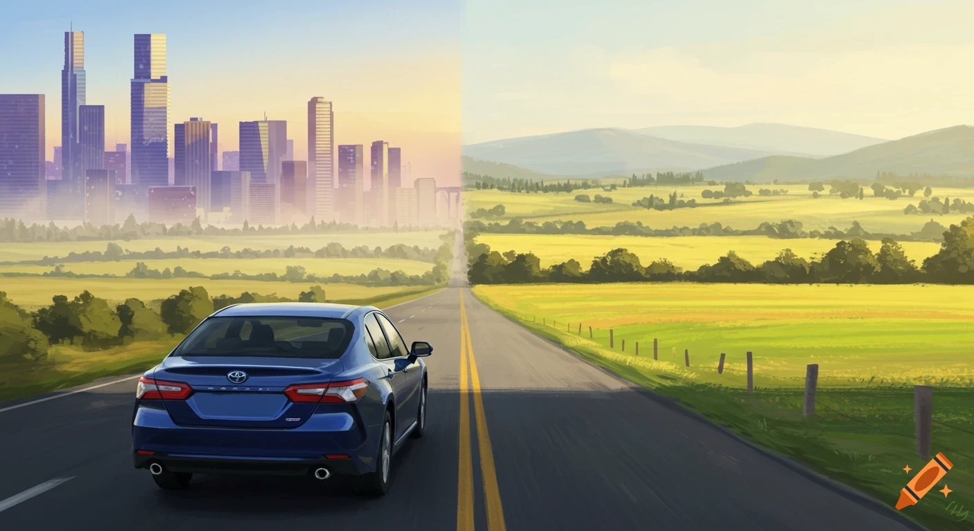 A blue sedan drives on a road split between a city skyline on the left and a green rural landscape on the right, in a stylized illustration.
