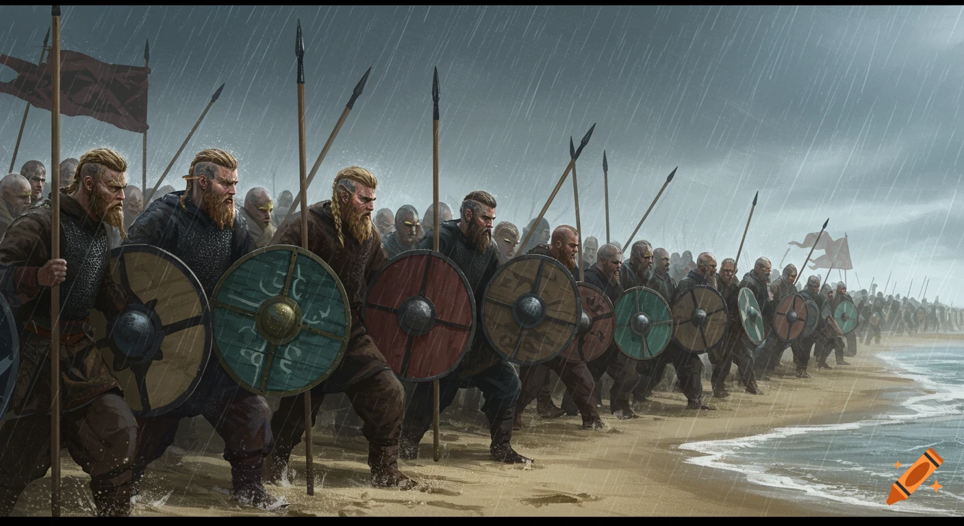 Viking warriors form a shield wall on a rainy beach, illustration.