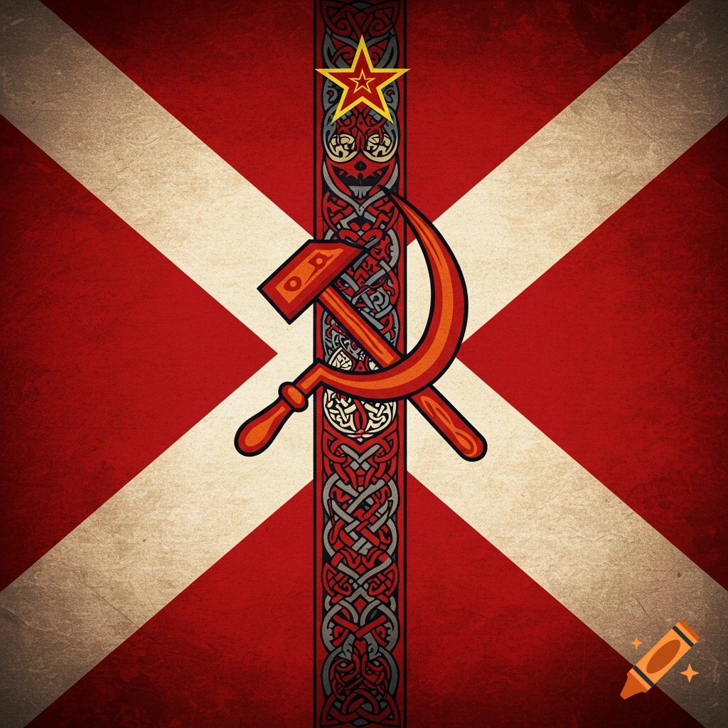 A flag design combining a communist hammer and sickle with Celtic knotwork on a red and white background.