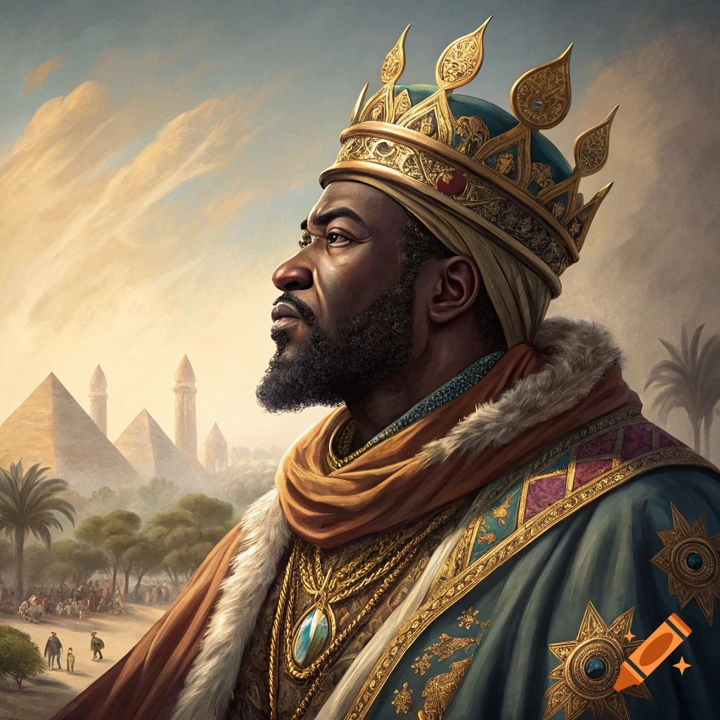 Portrait of a richly dressed king in a golden crown looking left, with pyramids and palm trees in the background.