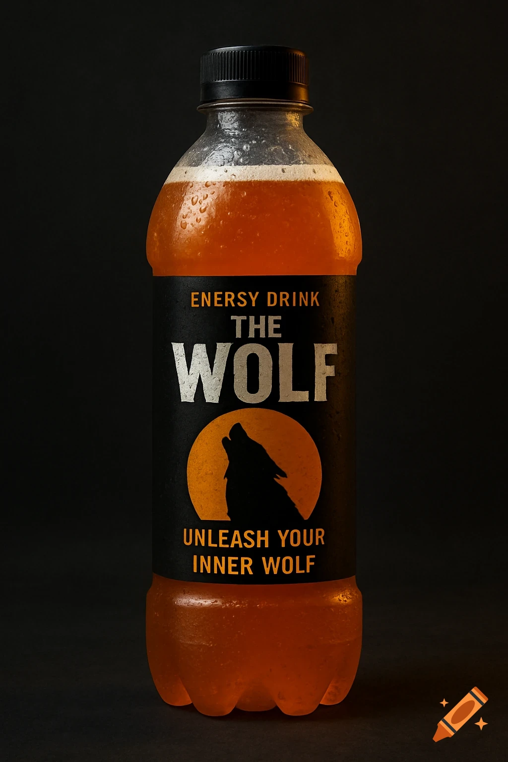 Product shot of The Wolf energy drink bottle with a howling wolf silhouette.