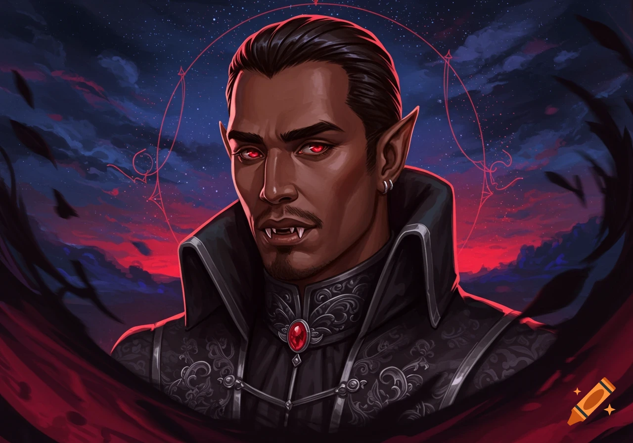 Digital painting of a male vampire with red eyes, fangs, and a dramatic cape against a twilight sky.