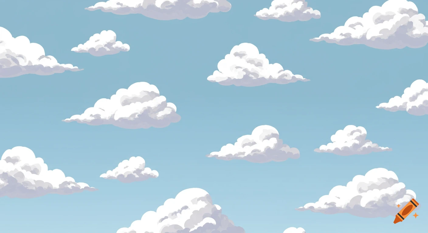 Flat-shaded graphic novel style illustration of a blue sky filled with puffy white clouds.