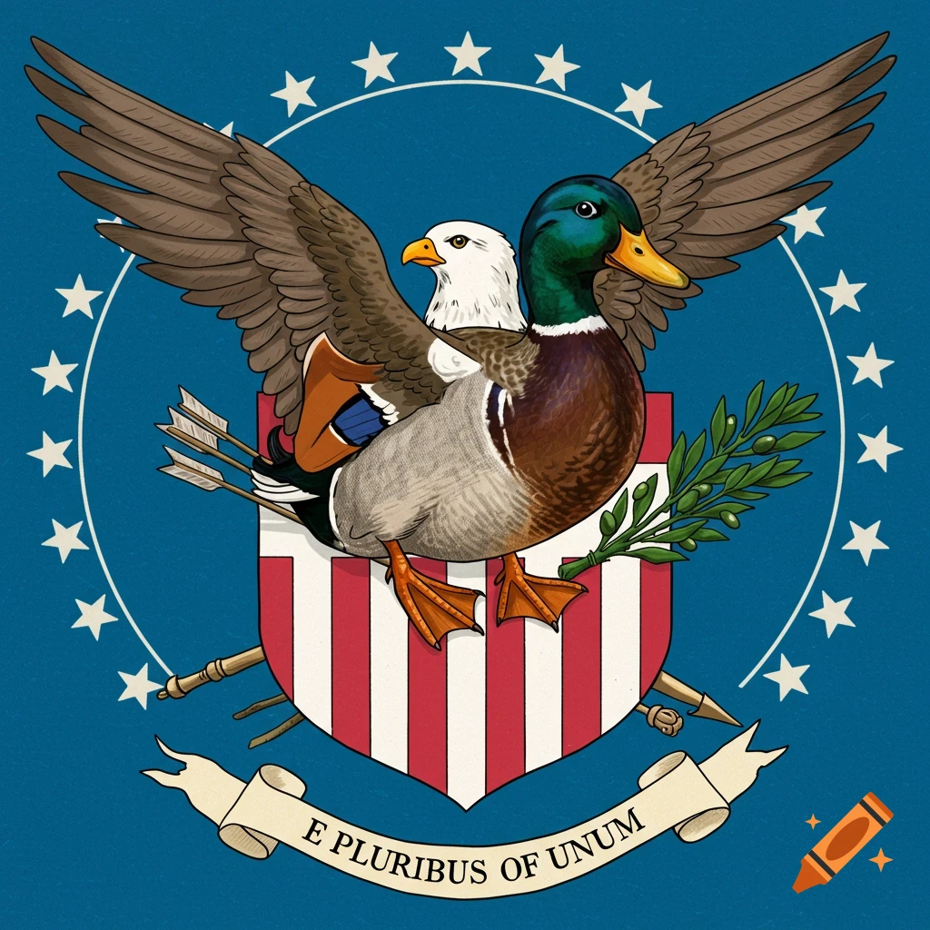 Stylized US seal with a mallard duck replacing the eagle, holding arrows and olive branch, text banner reads "E Pluribus of Unum".