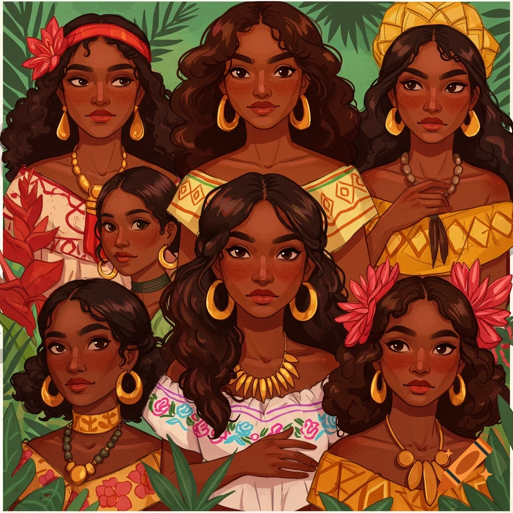 Stylized illustration of several women with brown skin and dark curly hair in colorful traditional clothing and jewelry, arranged with tropical leaves.