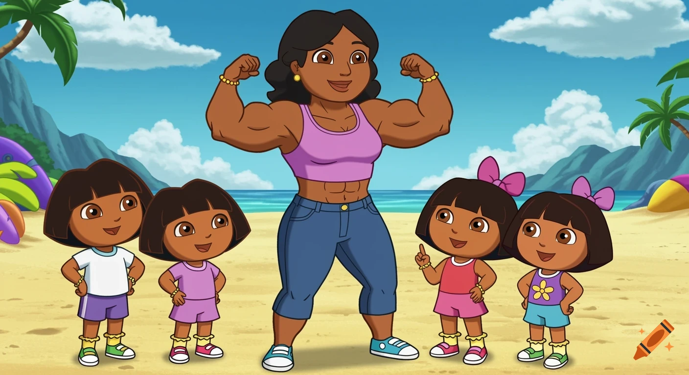 A muscular woman flexes on the beach surrounded by small children, in a cartoon style.