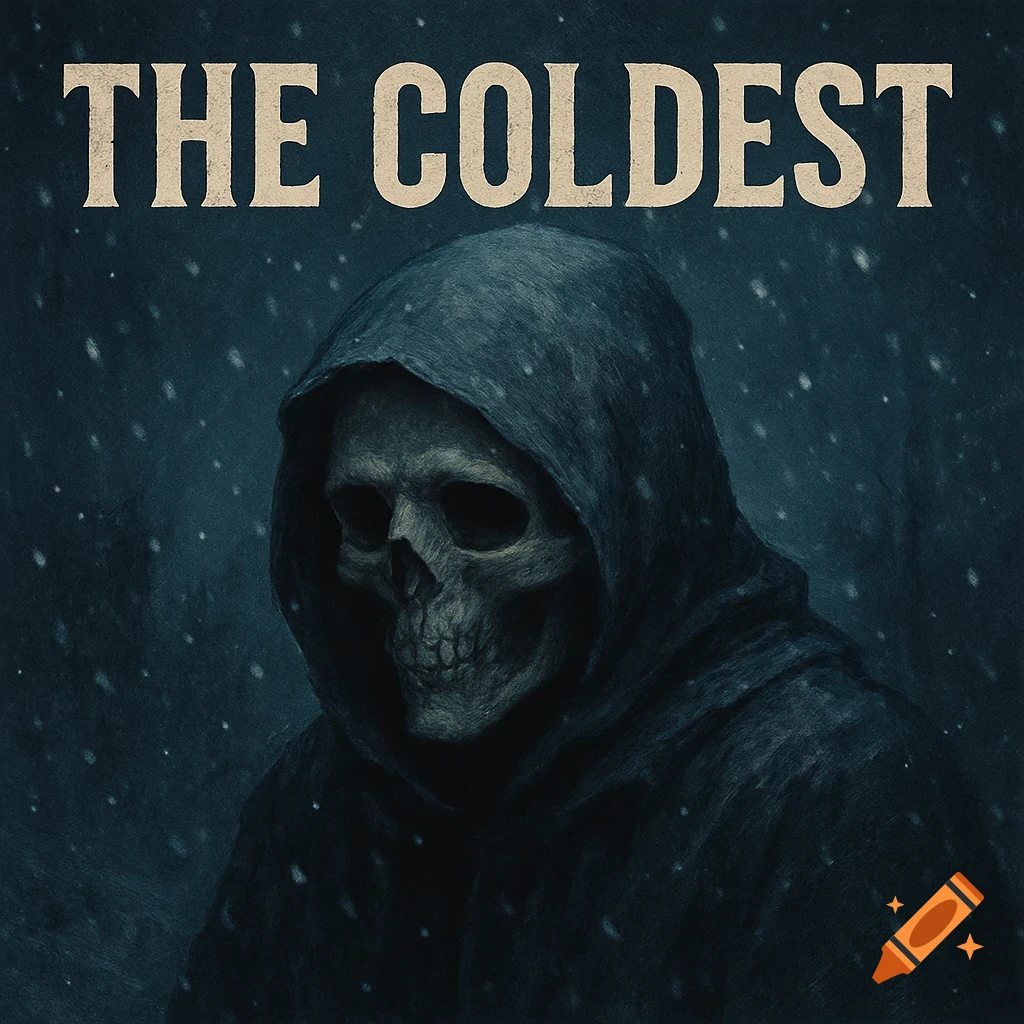 A skeletal figure in a hooded robe stands in falling snow with 'THE COLDEST' text above.