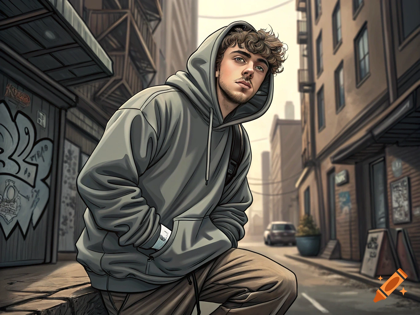 Young man in a grey hoodie sits in an urban street with graffiti, in a graphic novel style.