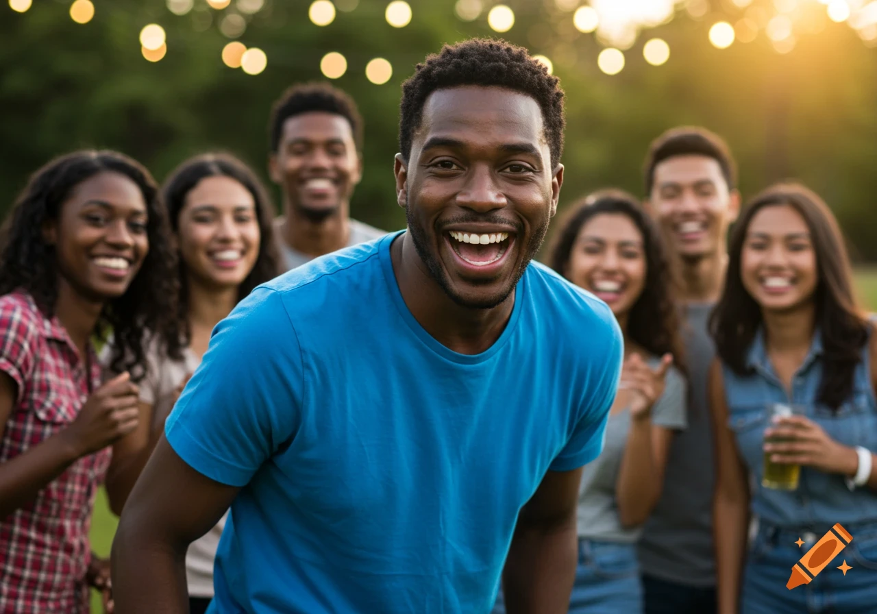 Smiling man in blue shirt with happy friends behind him at an outdoor gathering.