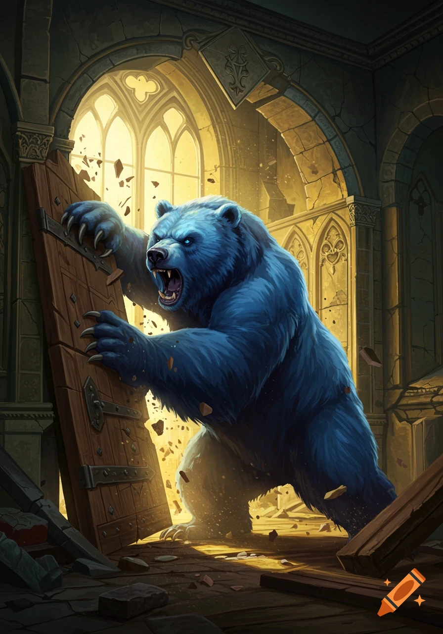 A giant blue bear with glowing eyes claws at a wooden door inside crumbling castle ruins, debris flying.